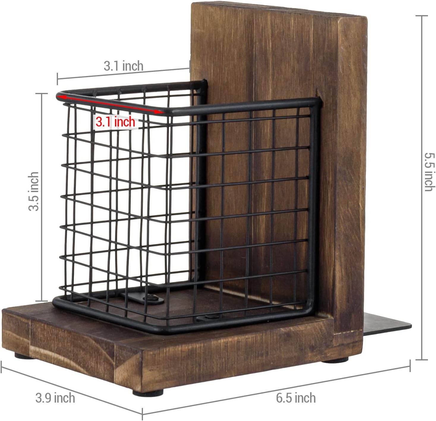 MyGift Rustic Burnt Wood Bookends with Metal Storage Baskets 1-Pair