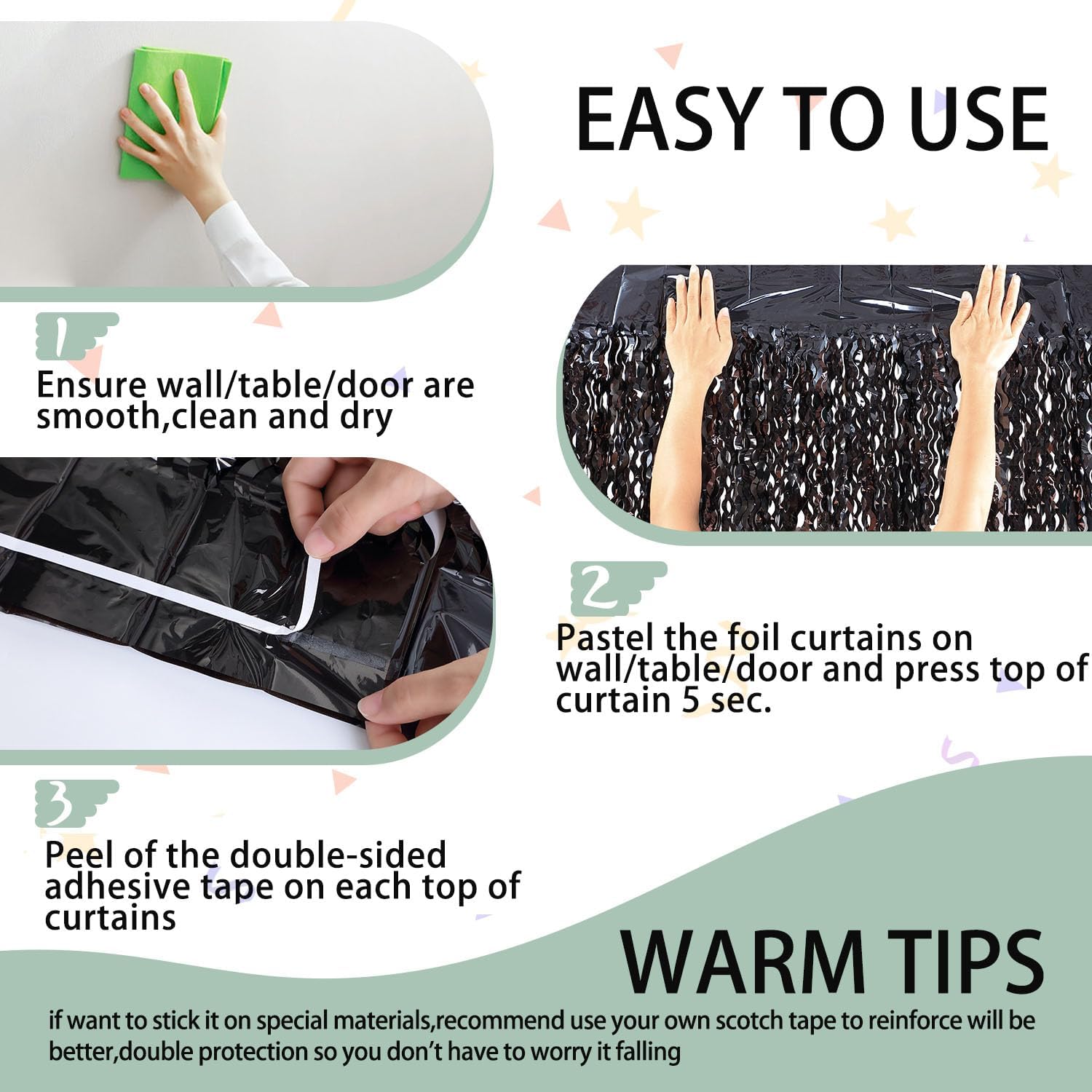 3 Pack Wavy Black Tinsel Curtains for Party Decor
