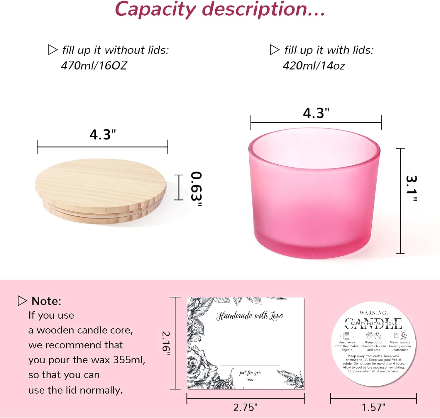 6 Pack Frosted Pink Glass Candle Jars with Lids - 16oz