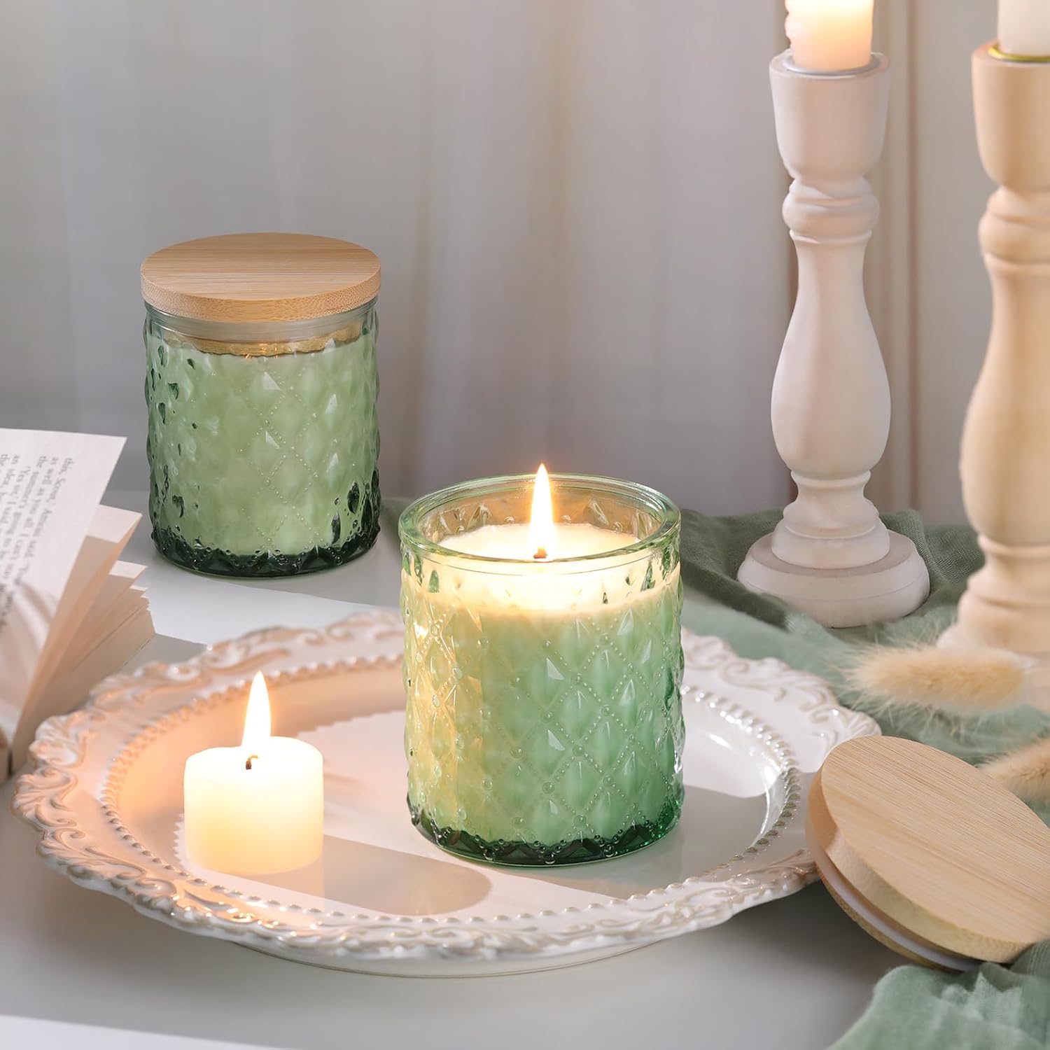 8-Pack Green Candle Jars with Bamboo Lids for Candle Making