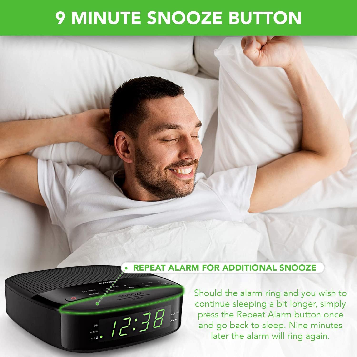 Philips Radio Alarm Clock with LED Display and Snooze Function