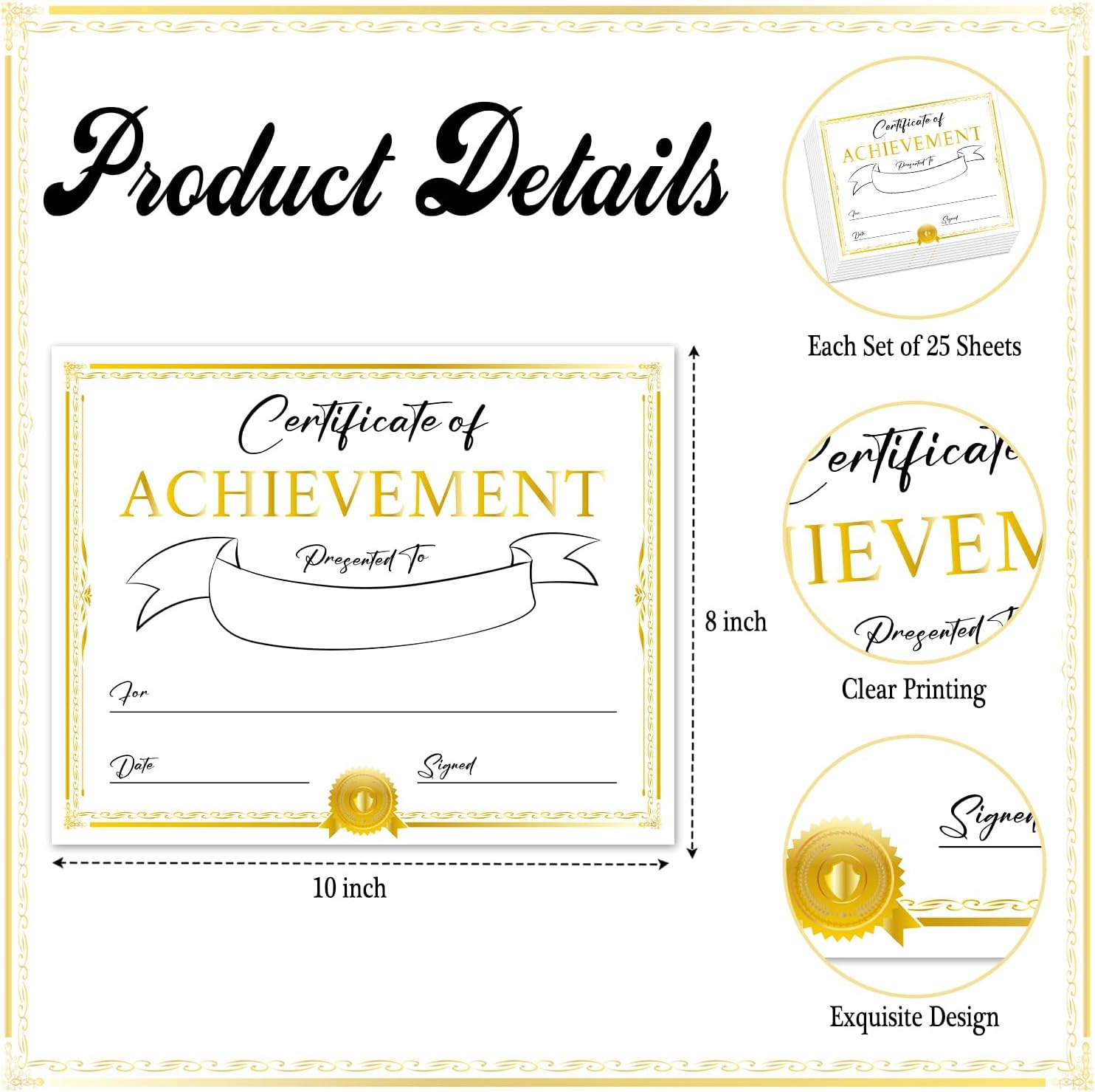 Certificate of Achievement 25 Award Certificates 8x10 Inch for Kids Students Teachers