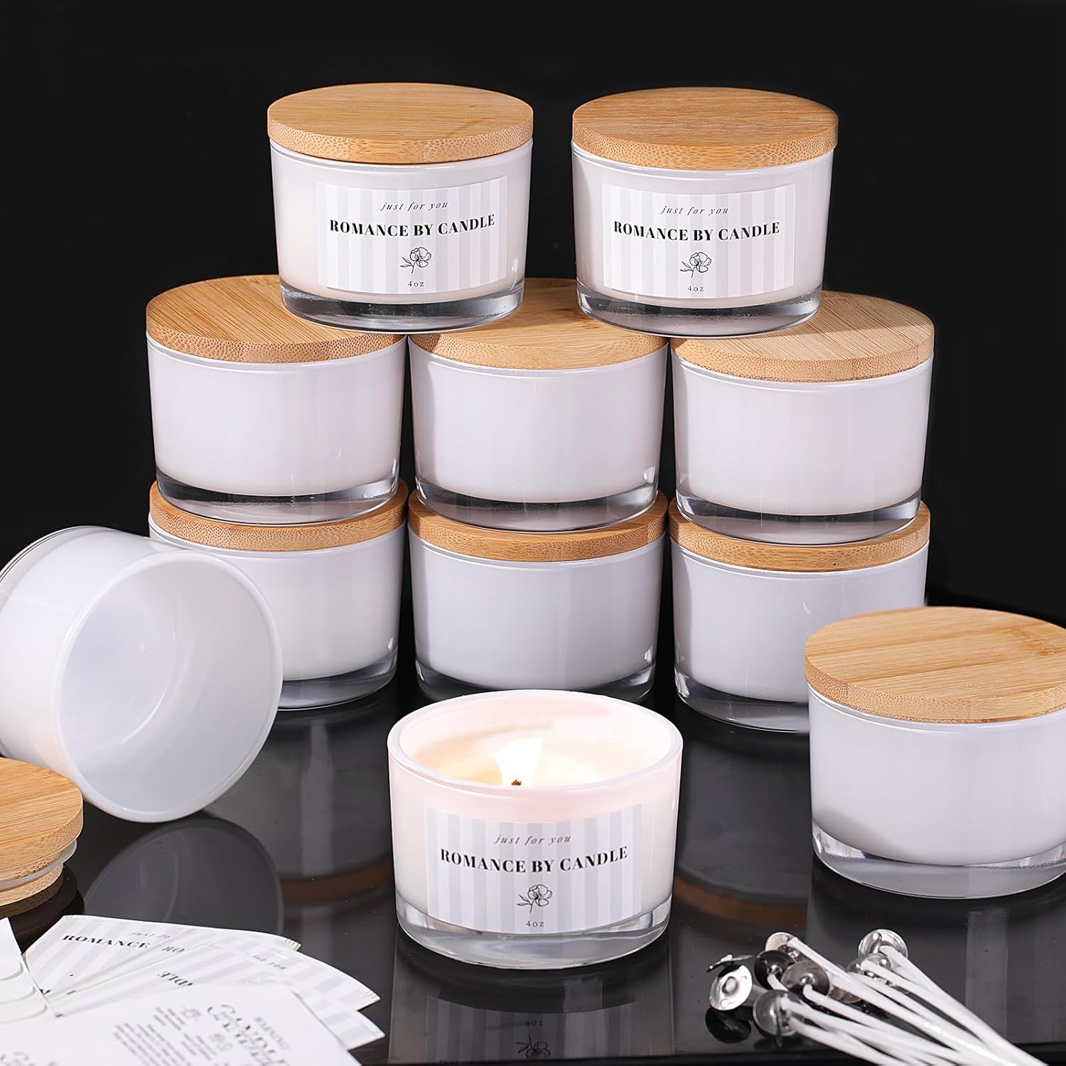 REISEN 12 Pack 4 Oz Candle Jars with Bamboo Lids and Accessories