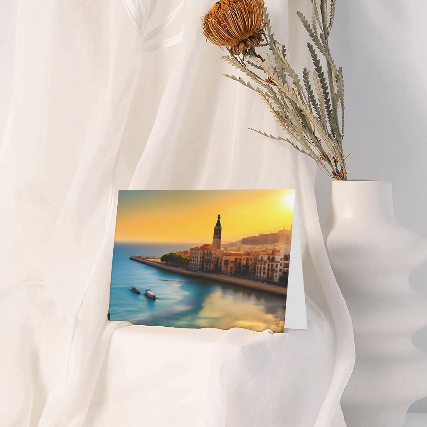 Blue Pearlescent Holiday Cards 4x6 with Sunset in Barcelona Print