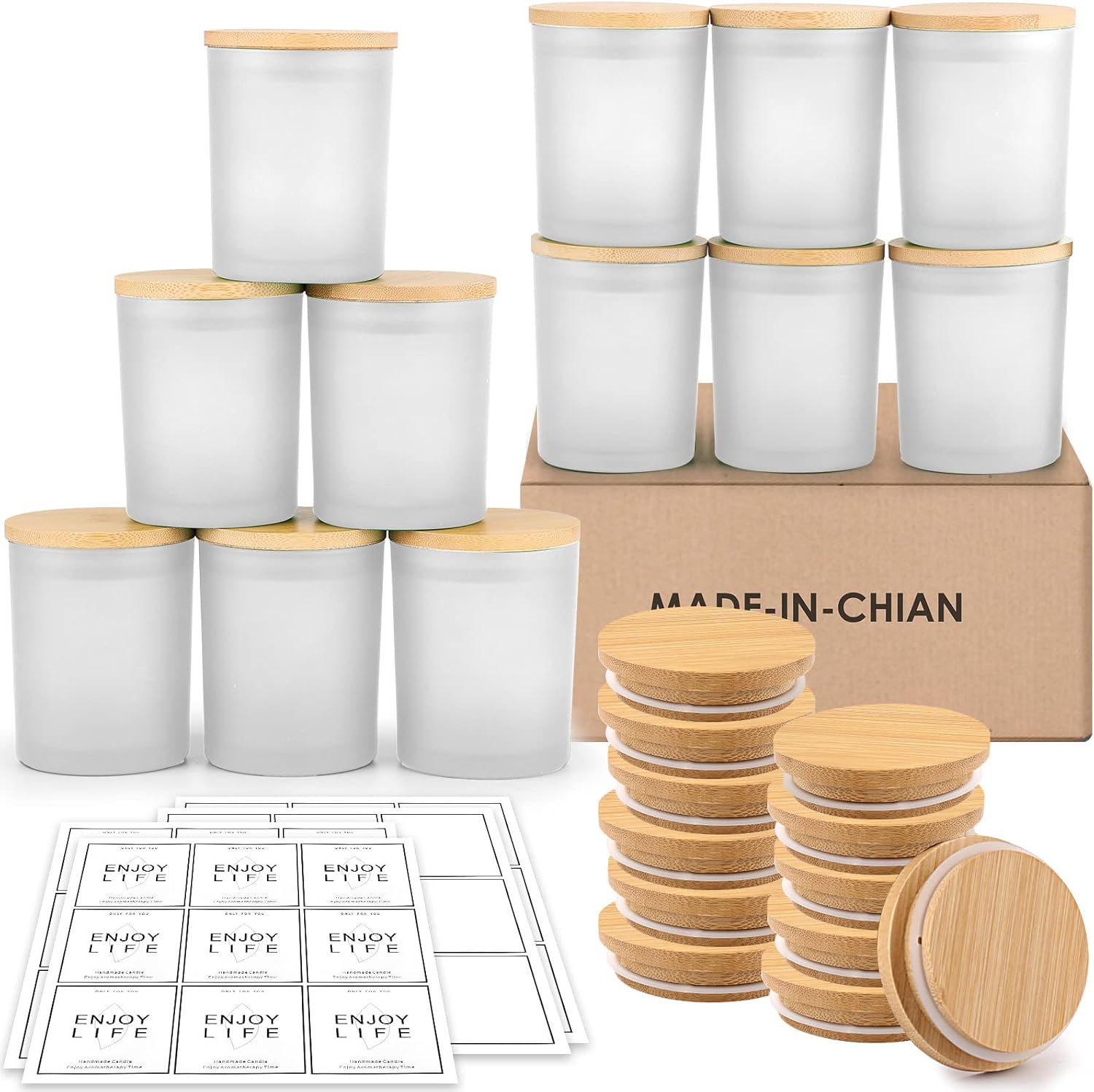 GOTIDEAL 12 Pack 9 OZ Frosted White Candle Jars with Bamboo Lids