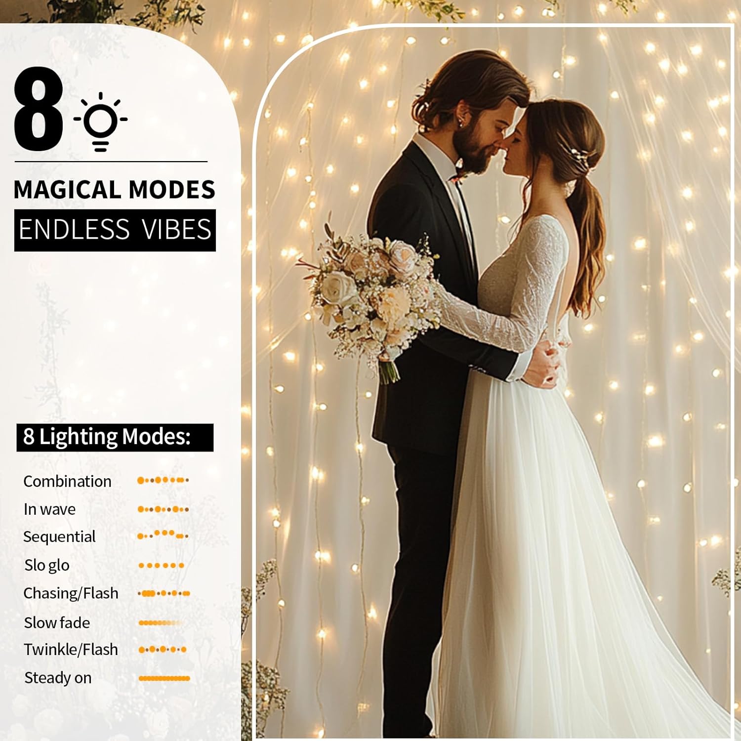 White Tulle Backdrop with LED String Lights - 10x10ft Wedding Party Background