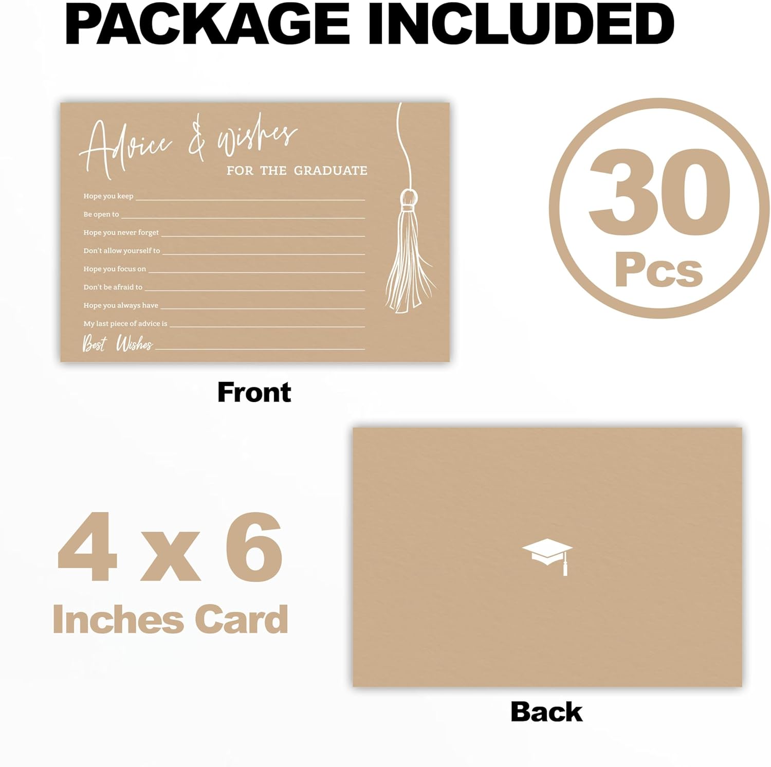 30 Pcs Graduation Advice Cards Set - Minimalist Brown Tassel Design
