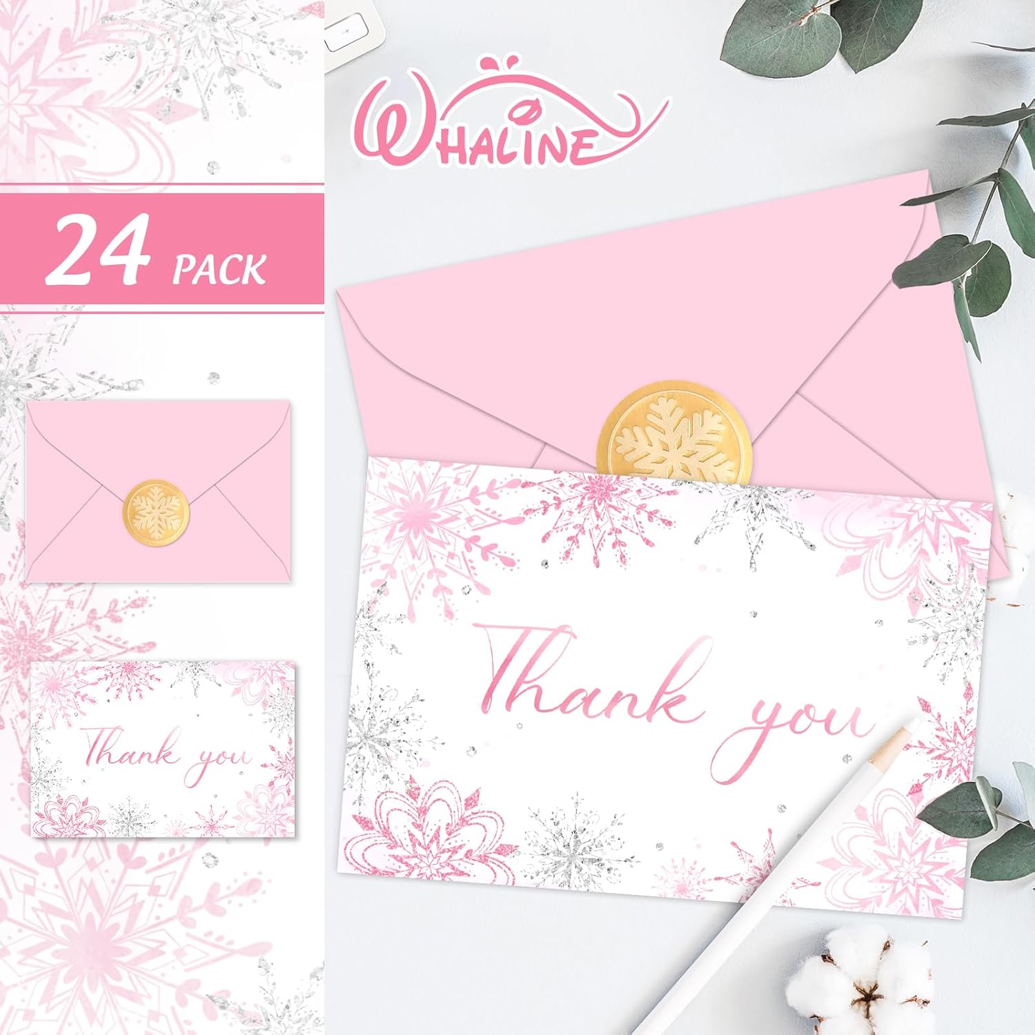 Whaline 24 Pack Pink Glitter Snowflake Thank You Cards with Envelopes