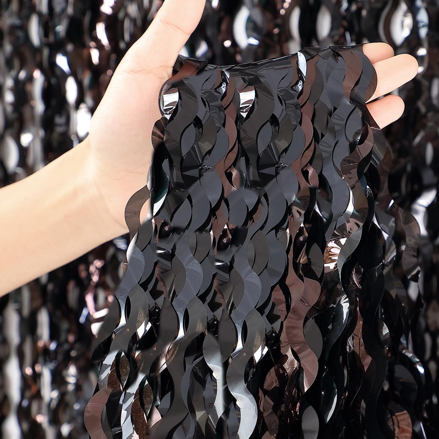 3 Pack Wavy Black Tinsel Curtains for Party Decor