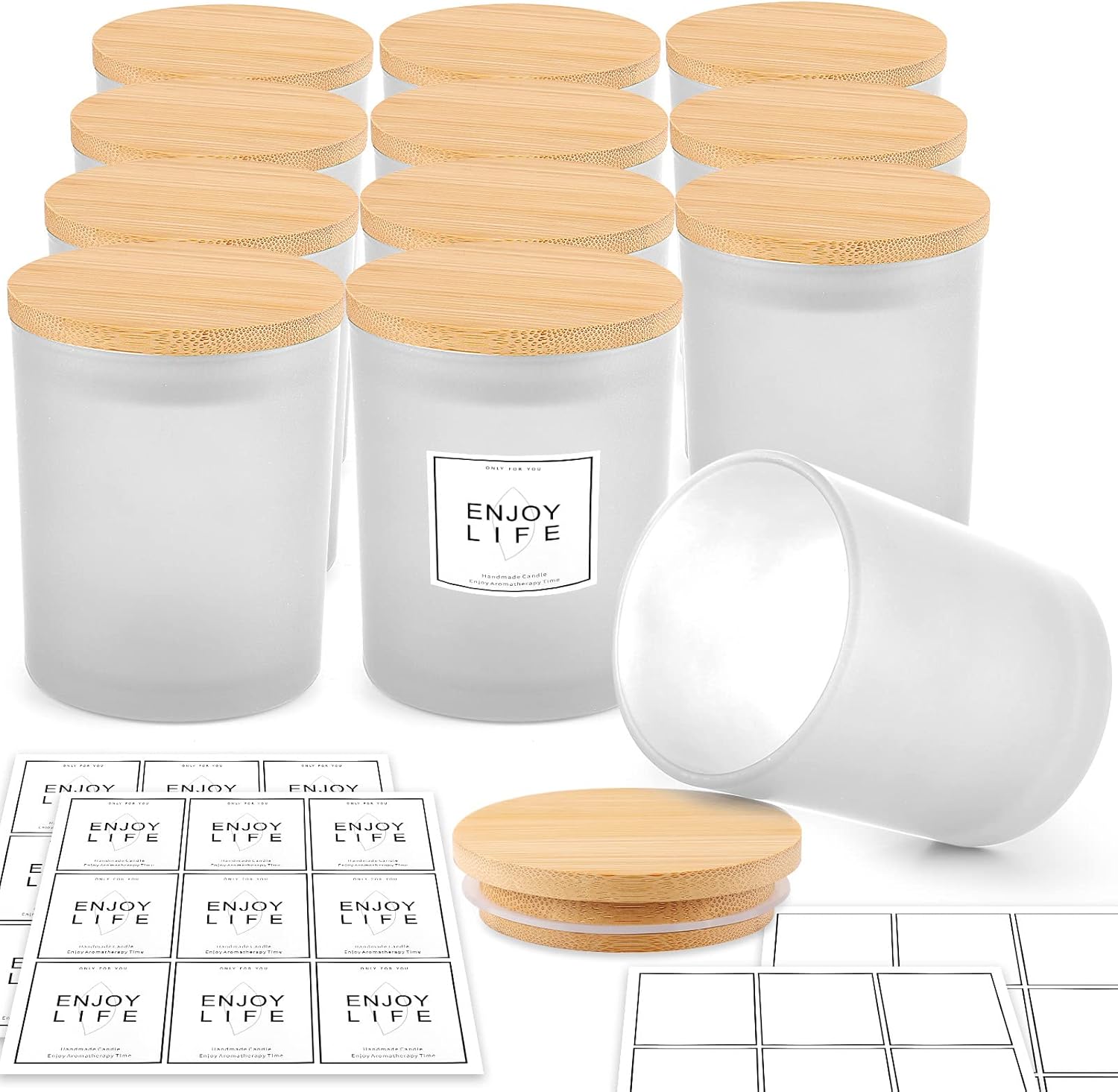 GOTIDEAL 12 Pack 9 OZ Frosted White Candle Jars with Bamboo Lids