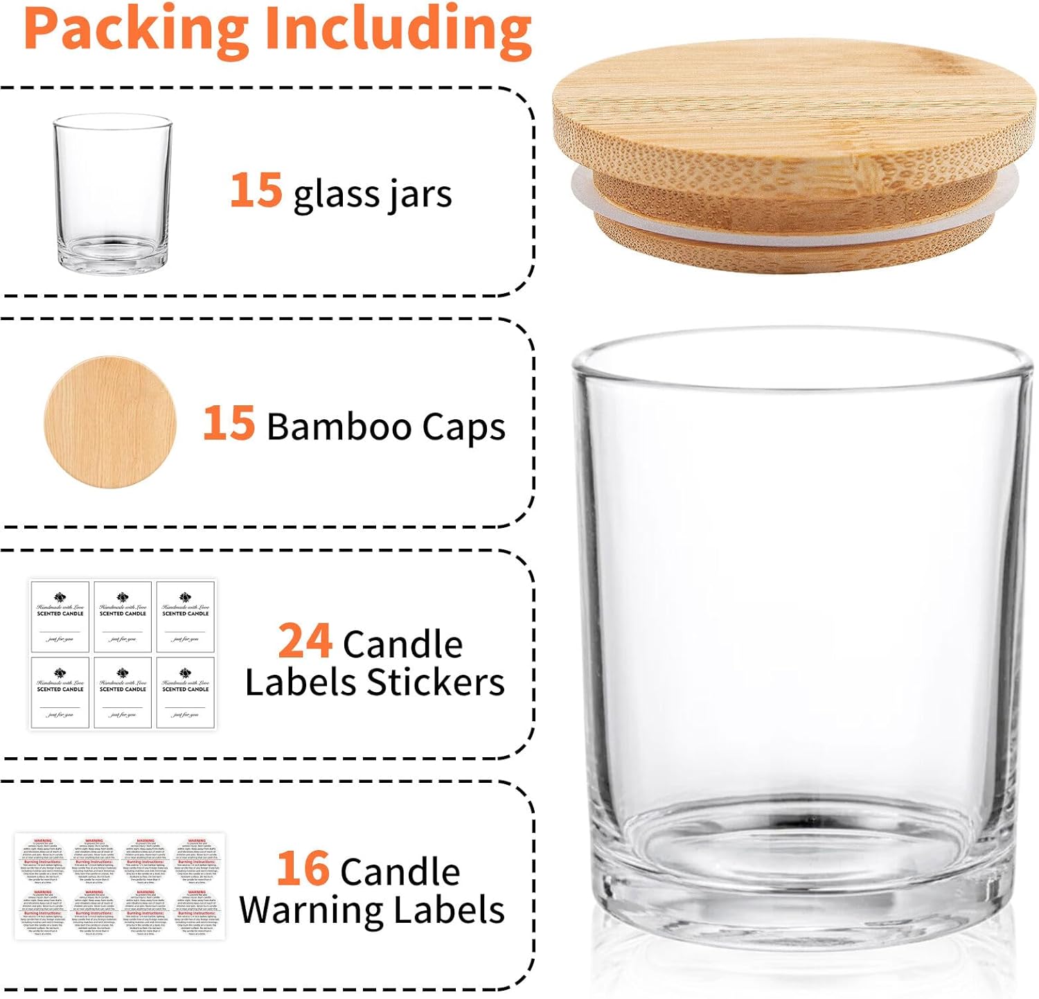 15 Pack Clear Candle Jars with Bamboo Lids and Labels