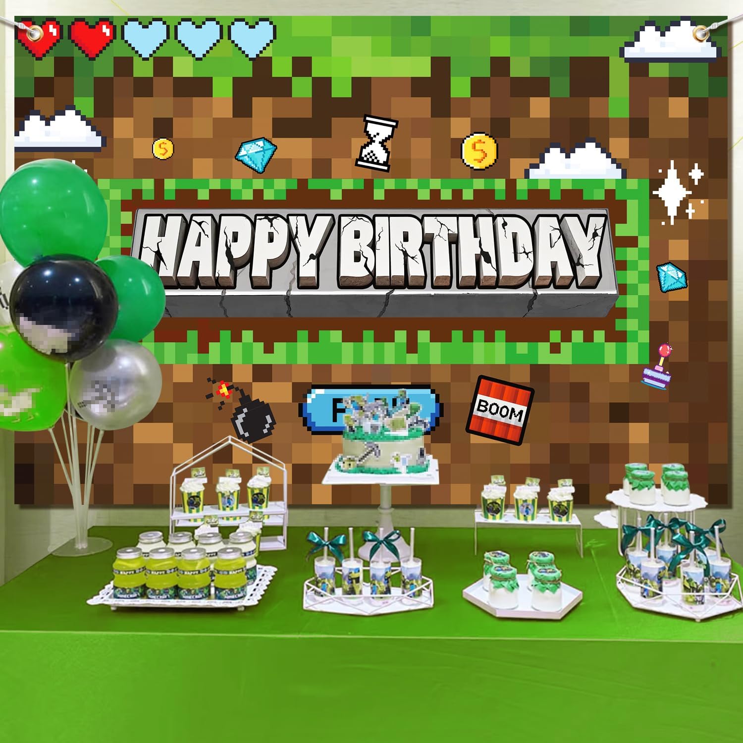 Pixel Miner Birthday Party Backdrop Banner 5x3ft