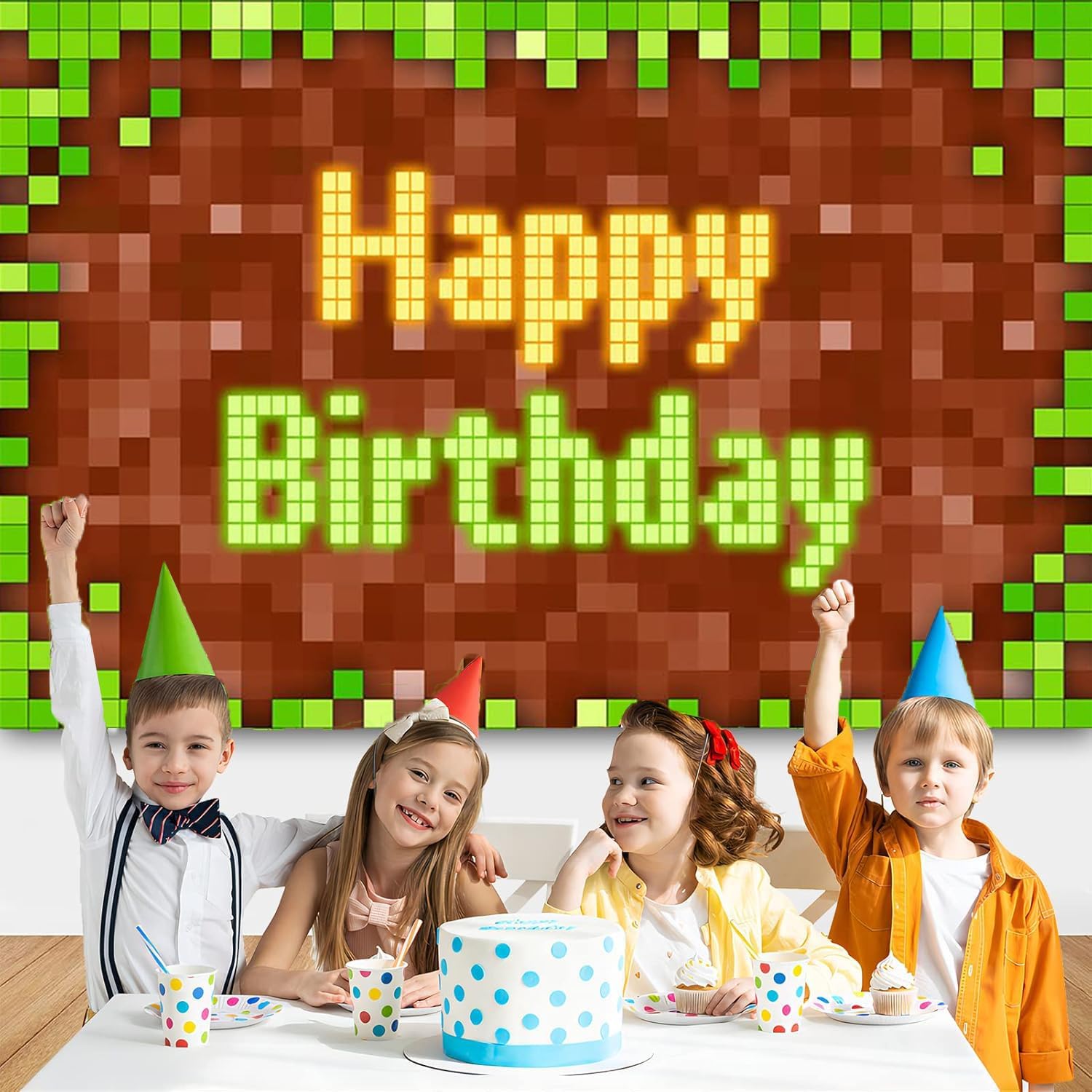 Pixel Birthday Backdrop Green Themed Game Party Decoration 5x3 Ft