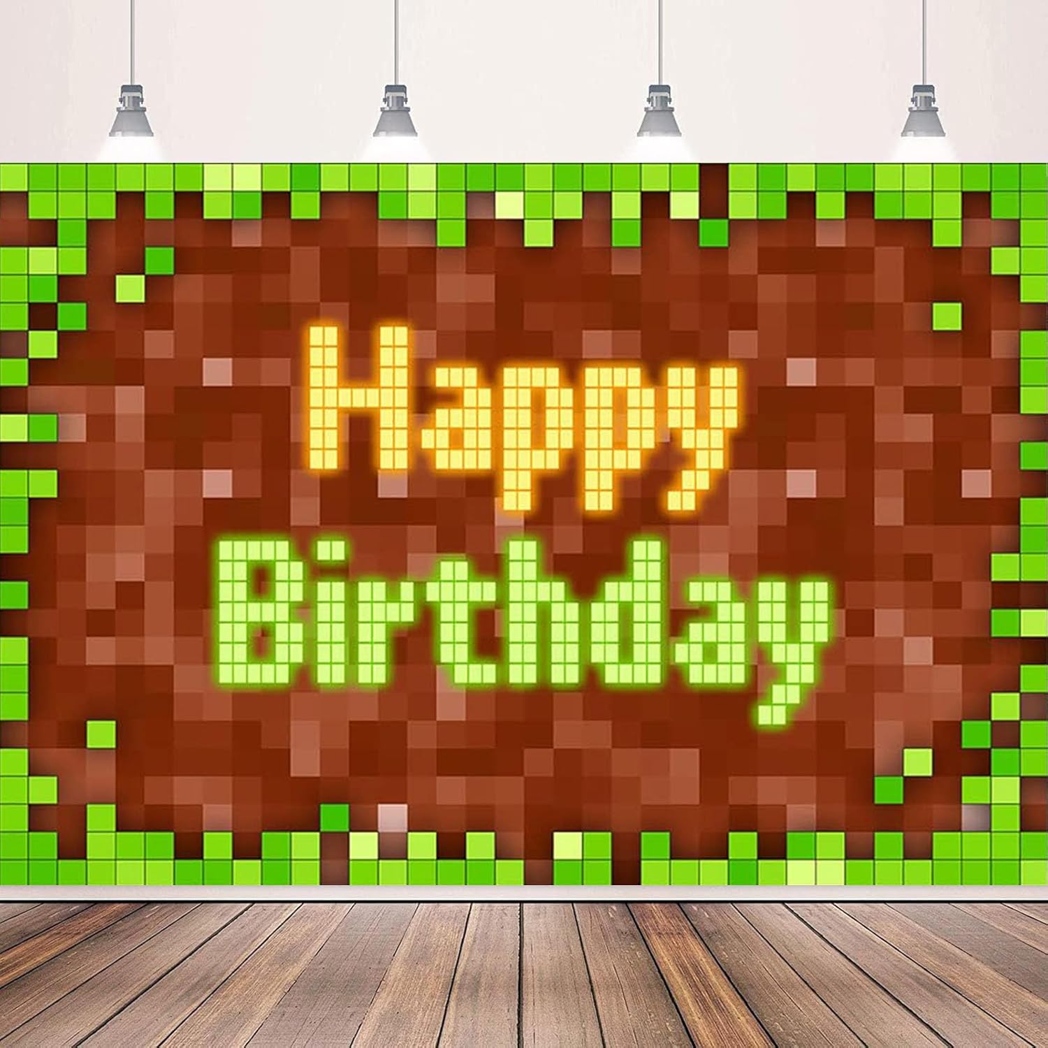 Pixel Birthday Backdrop Green Themed Game Party Decoration 5x3 Ft