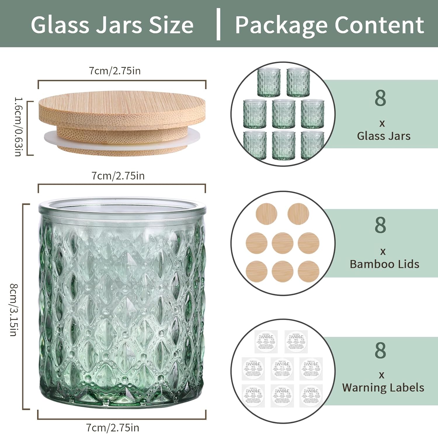 8-Pack Green Candle Jars with Bamboo Lids for Candle Making