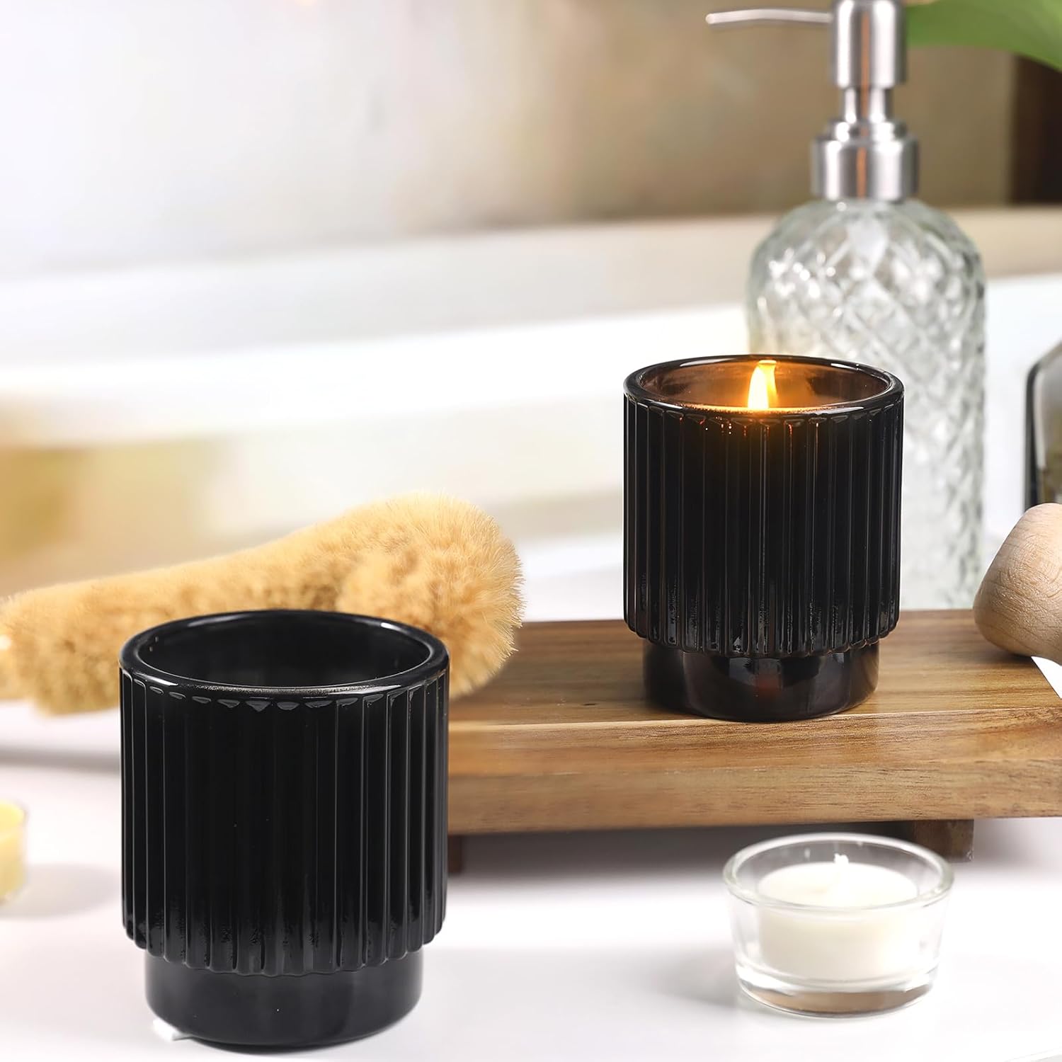 7oz Black Ribbed Glass Candle Jars 8 Pack with Lids