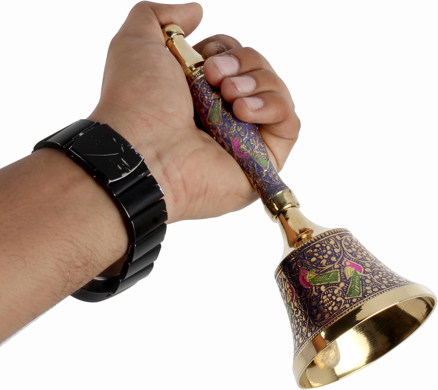 Brass Hand Bell with Peacock Design 75 Inch Blue Call Bell