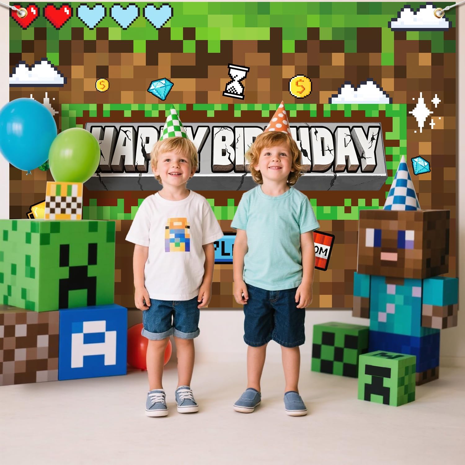 Pixel Miner Birthday Party Backdrop Banner 5x3ft