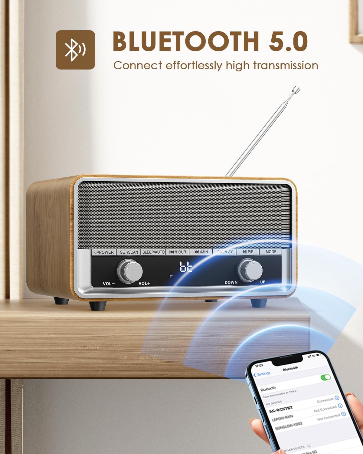 Audiocrazy AM FM Digital Clock Radio with LCD Display and Bluetooth