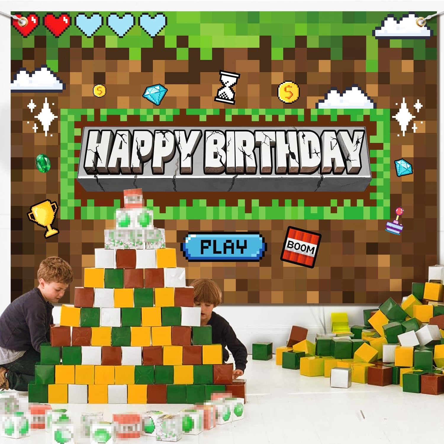 Pixel Miner Birthday Party Backdrop Banner 5x3ft