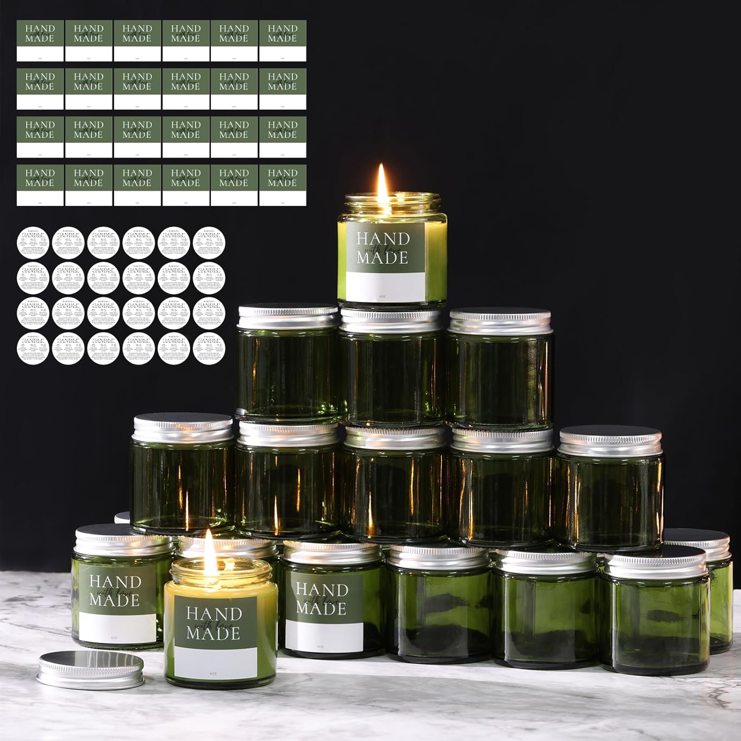 LETINE 24 Pack 4 Oz Green Glass Jars with Silver Lids