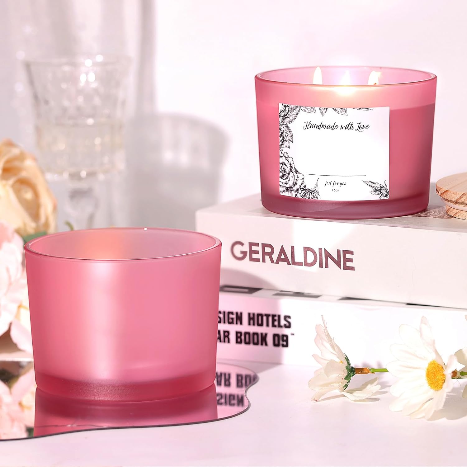 6 Pack Frosted Pink Glass Candle Jars with Lids - 16oz