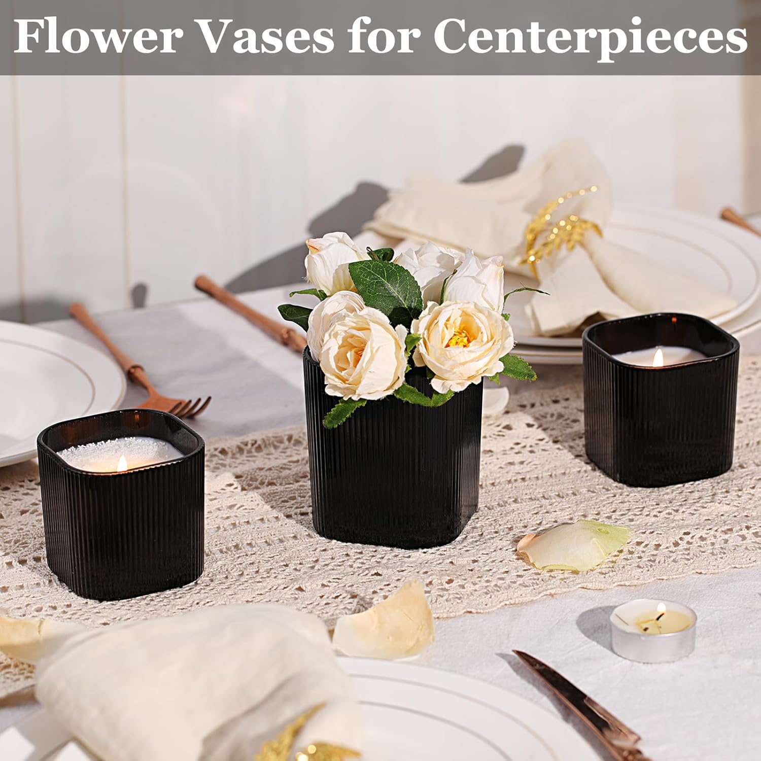 12 Pcs Matte Black Square Candle Jars with Bamboo Lids
