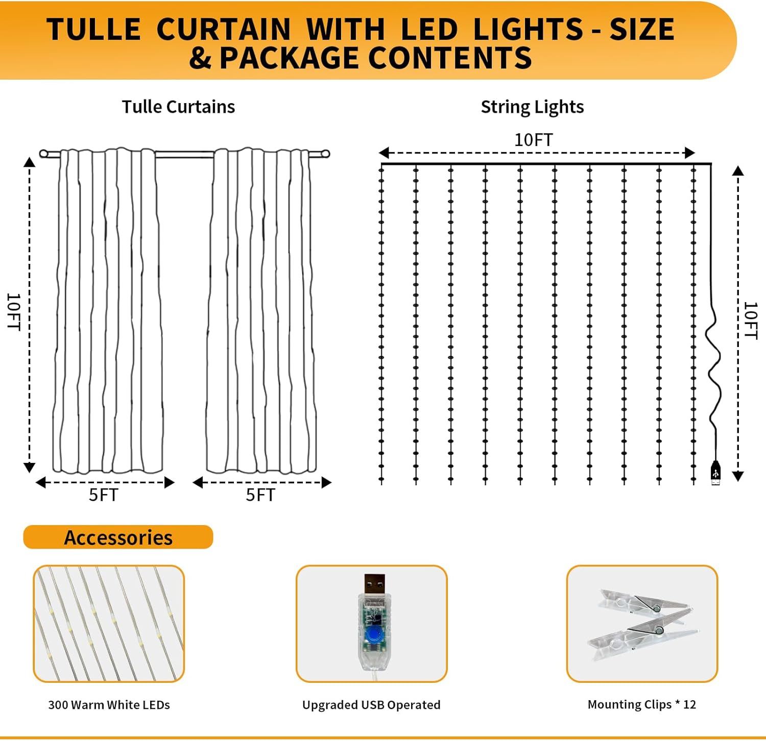 White Tulle Backdrop with LED String Lights - 10x10ft Wedding Party Background