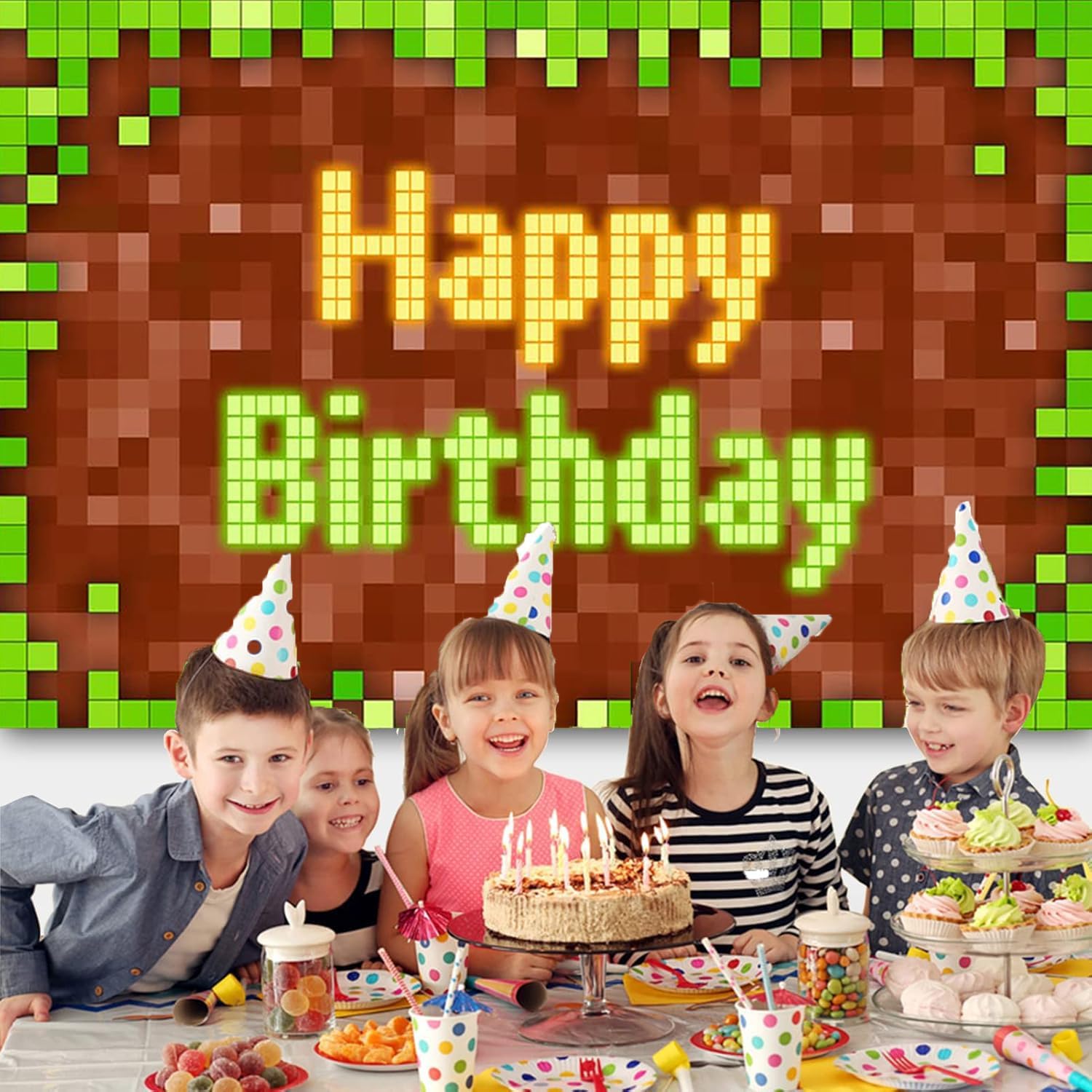 Pixel Birthday Backdrop Green Themed Game Party Decoration 5x3 Ft