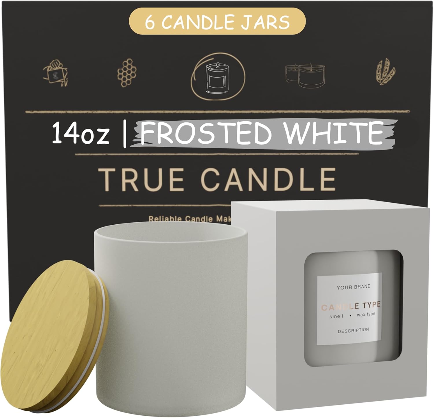 True Candle Frosted Glass Jar with Metal Lid 14oz 6pcs