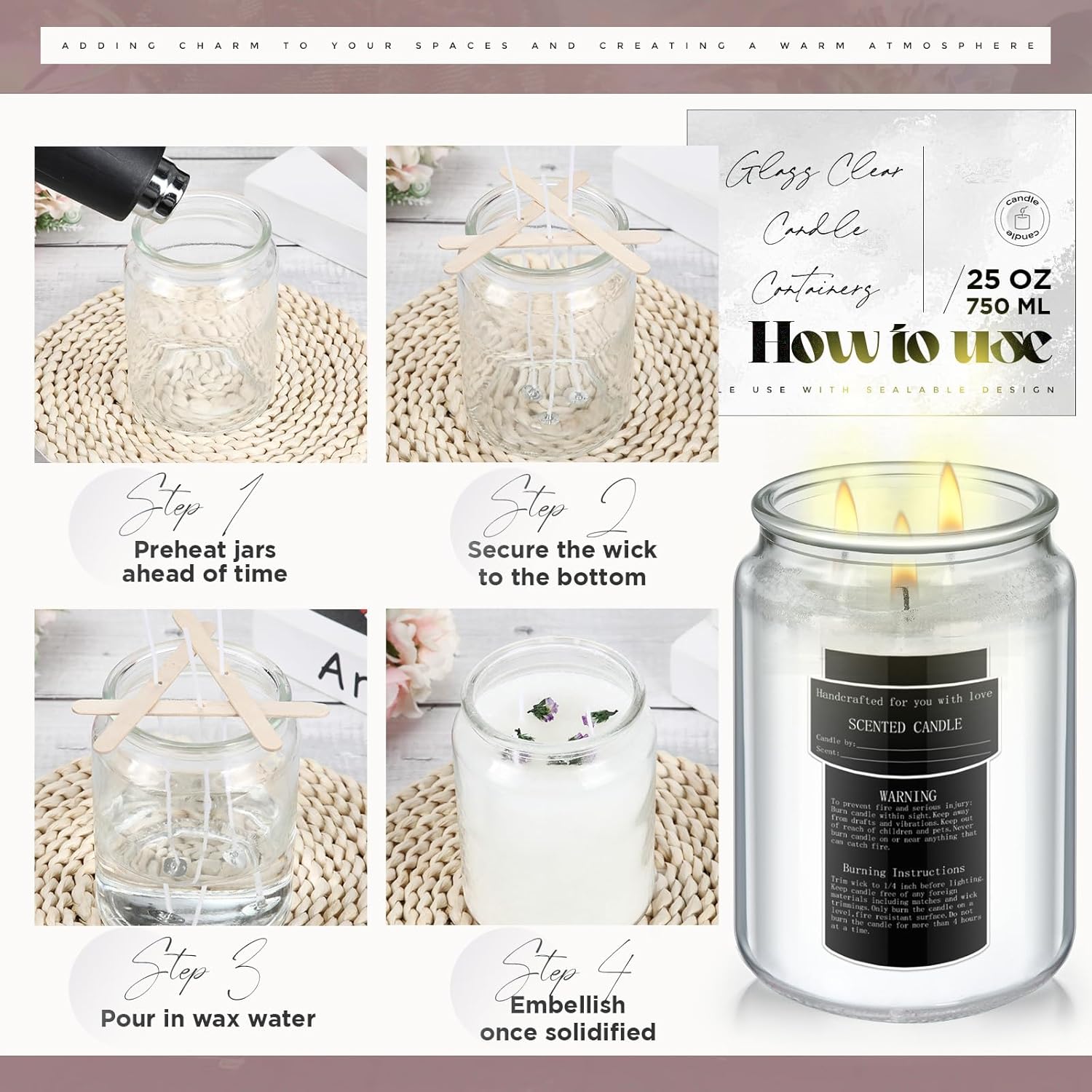 Ziliny 25 Oz Glass Candle Jars with Airtight Lids 6 Pcs