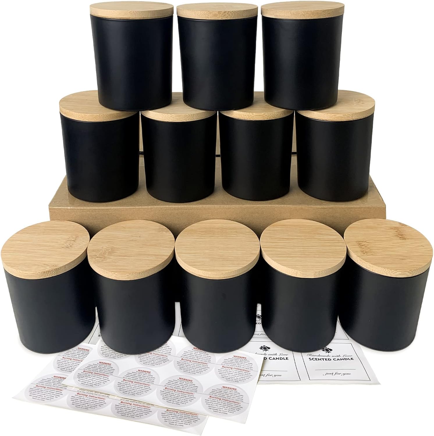 CONNOO 12 Pack Matte Black Candle Jars with Bamboo Lids and Warning Labels