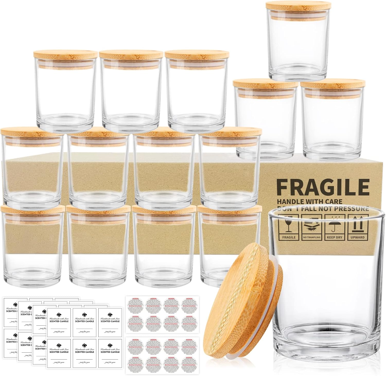 15 Pack Clear Candle Jars with Bamboo Lids and Labels