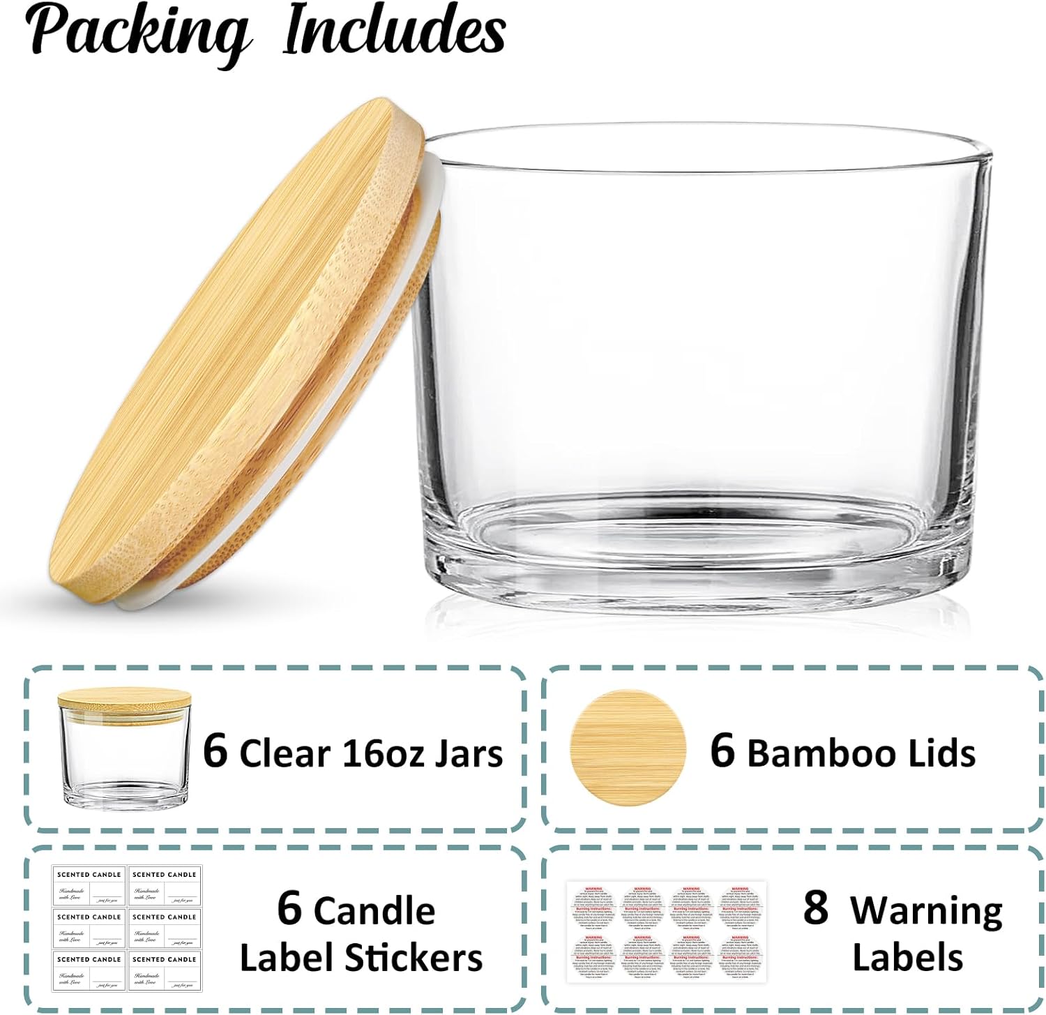 16oz Clear Glass Candle Jars 6 Pack with Bamboo Lids and Labels