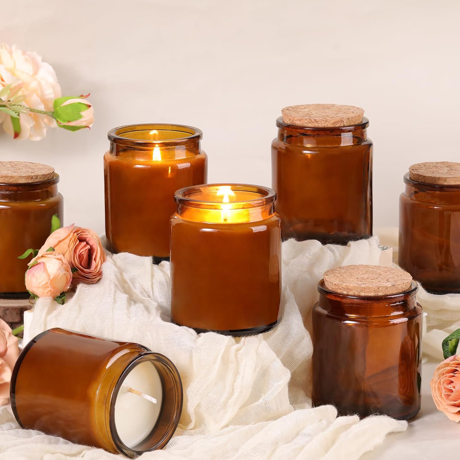 Lanttu 12Pcs Amber Candle Jars with Wooden Lids and Labels