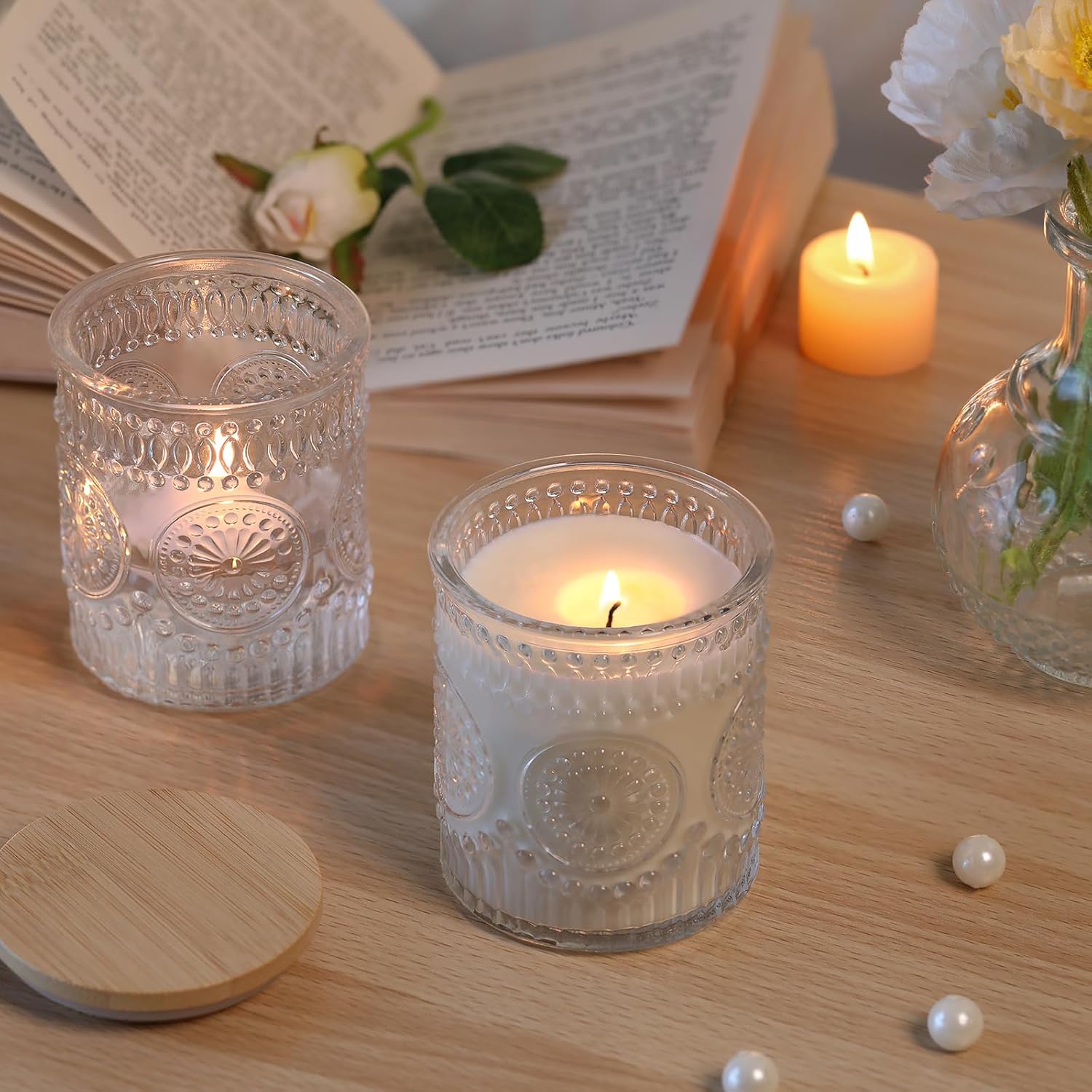 DARJEN 10 Pack Clear Candle Jars with Bamboo Lids and Labels
