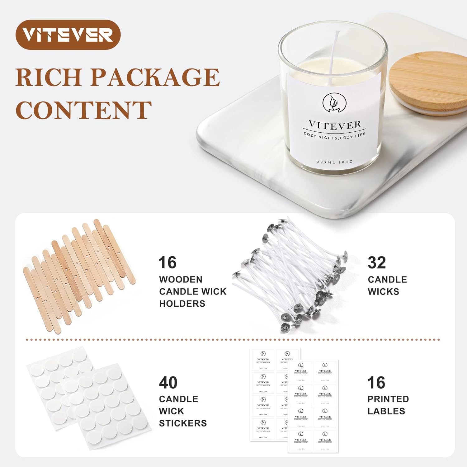 VITEVER 16 Pack Clear Glass Candle Jars with Bamboo Lids and Wick Kit