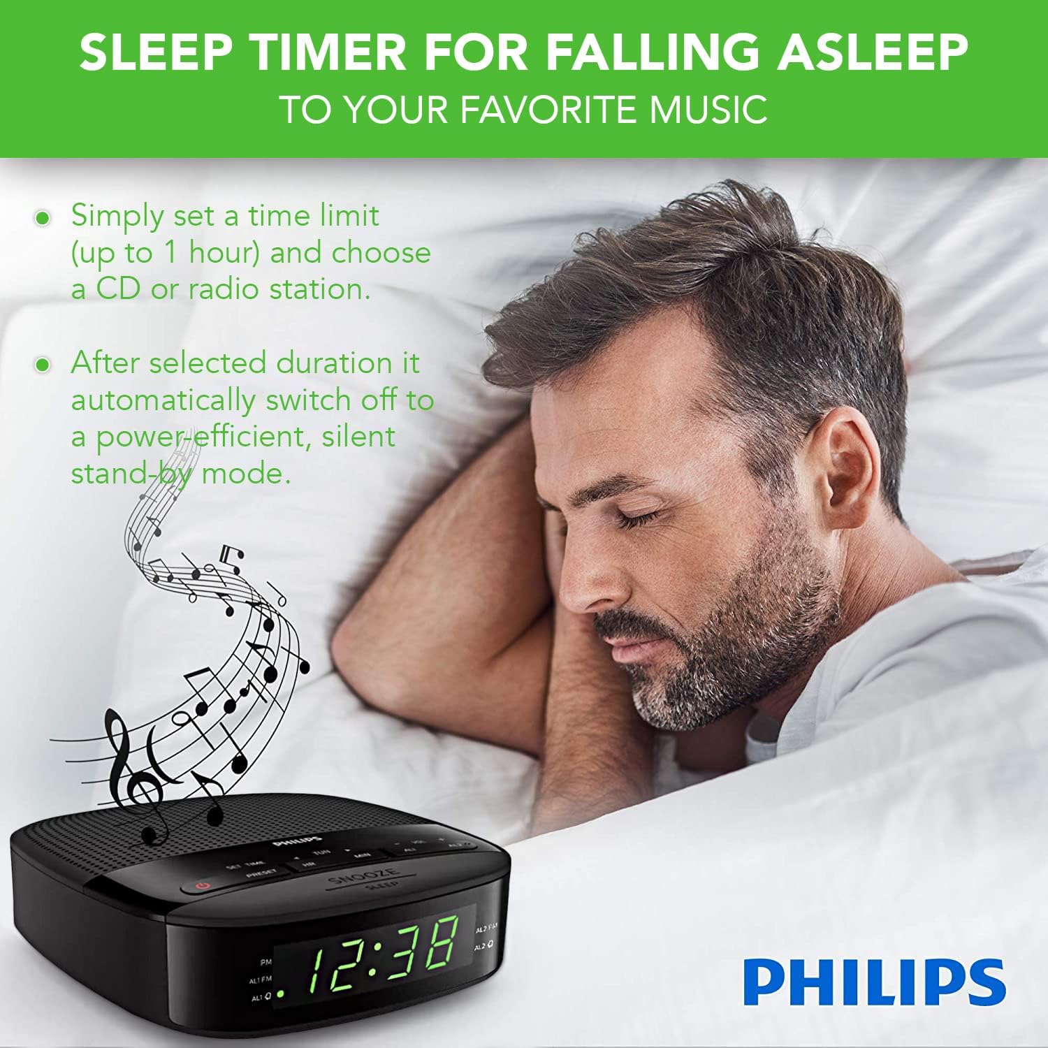 Philips Radio Alarm Clock with LED Display and Snooze Function