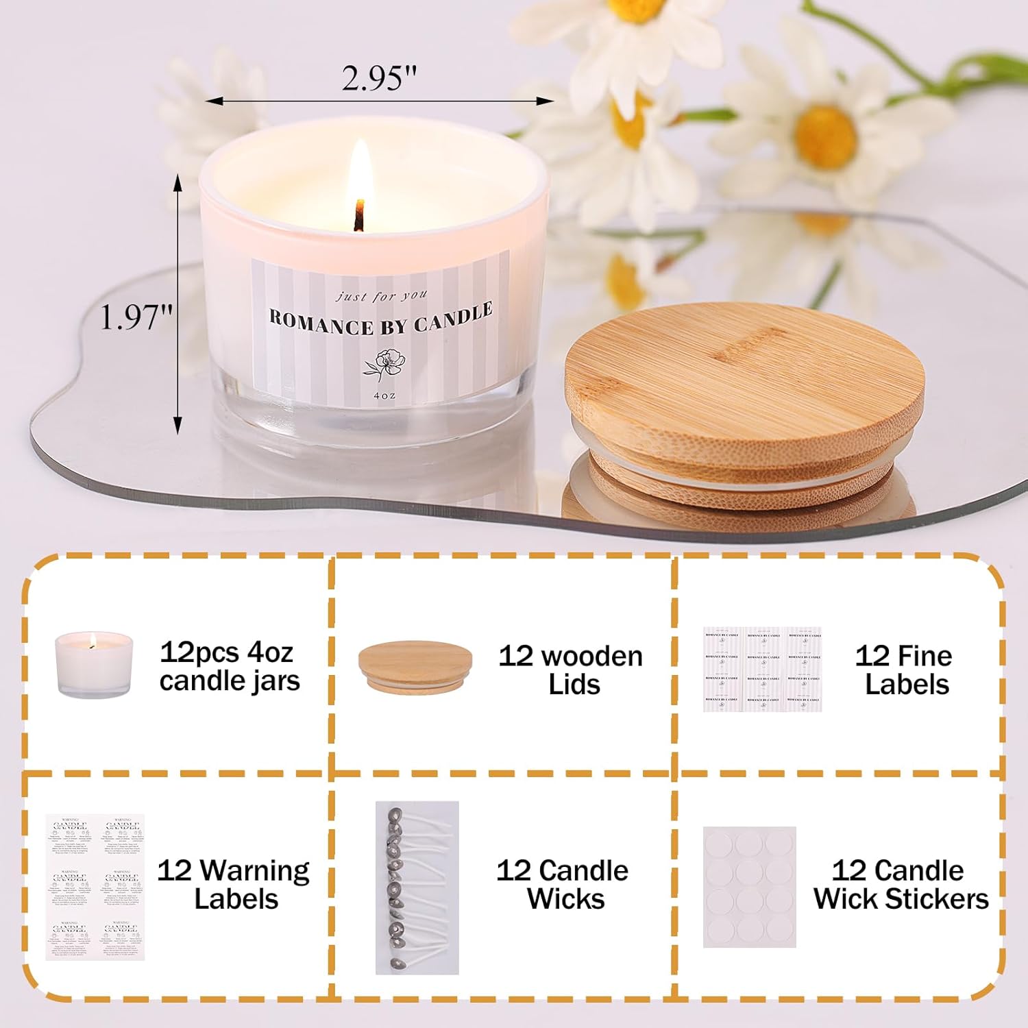 REISEN 12 Pack 4 Oz Candle Jars with Bamboo Lids and Accessories