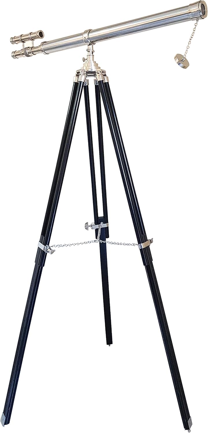 Double Barrel Nickel Telescope 63 Inch Floor Standing with Black Tripod