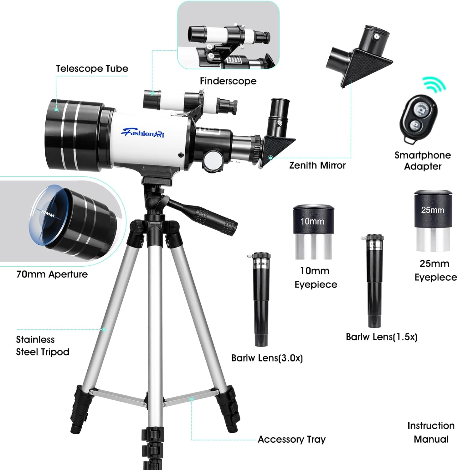 Kids Beginner Telescope with 70mm Aperture and 300mm Focal Length