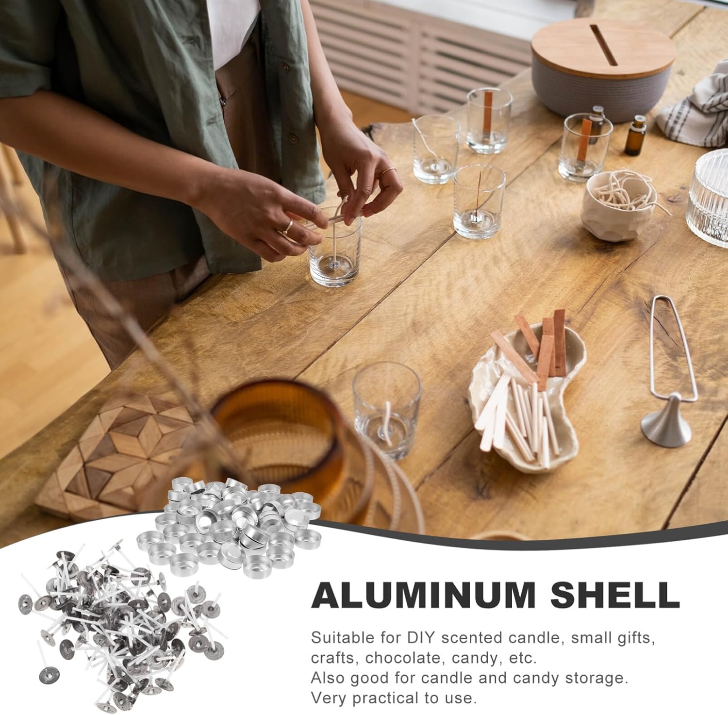 TEHAUX 100pcs Aluminum Tea Light Cups with Candle Wicks