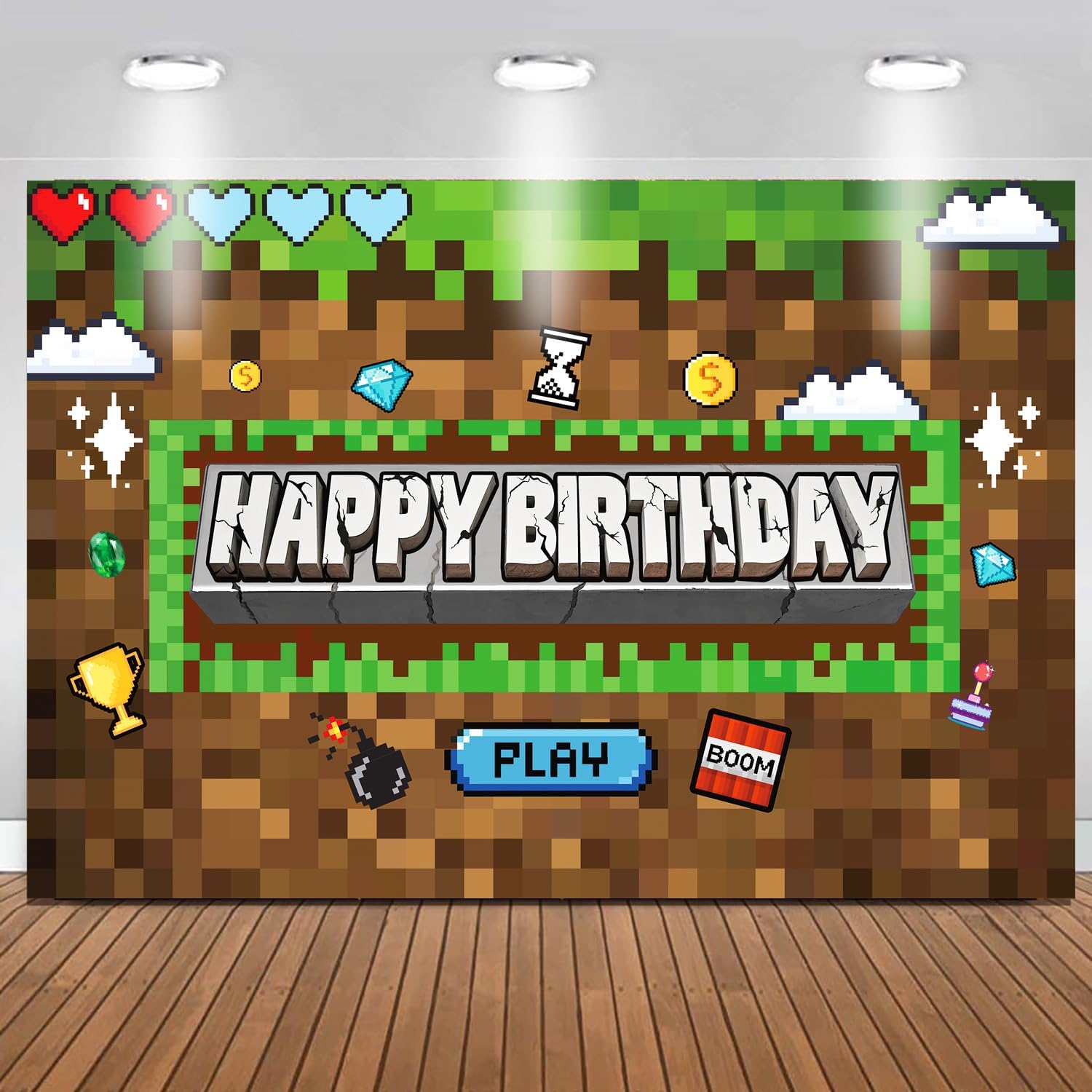 Pixel Miner Birthday Party Backdrop Banner 5x3ft