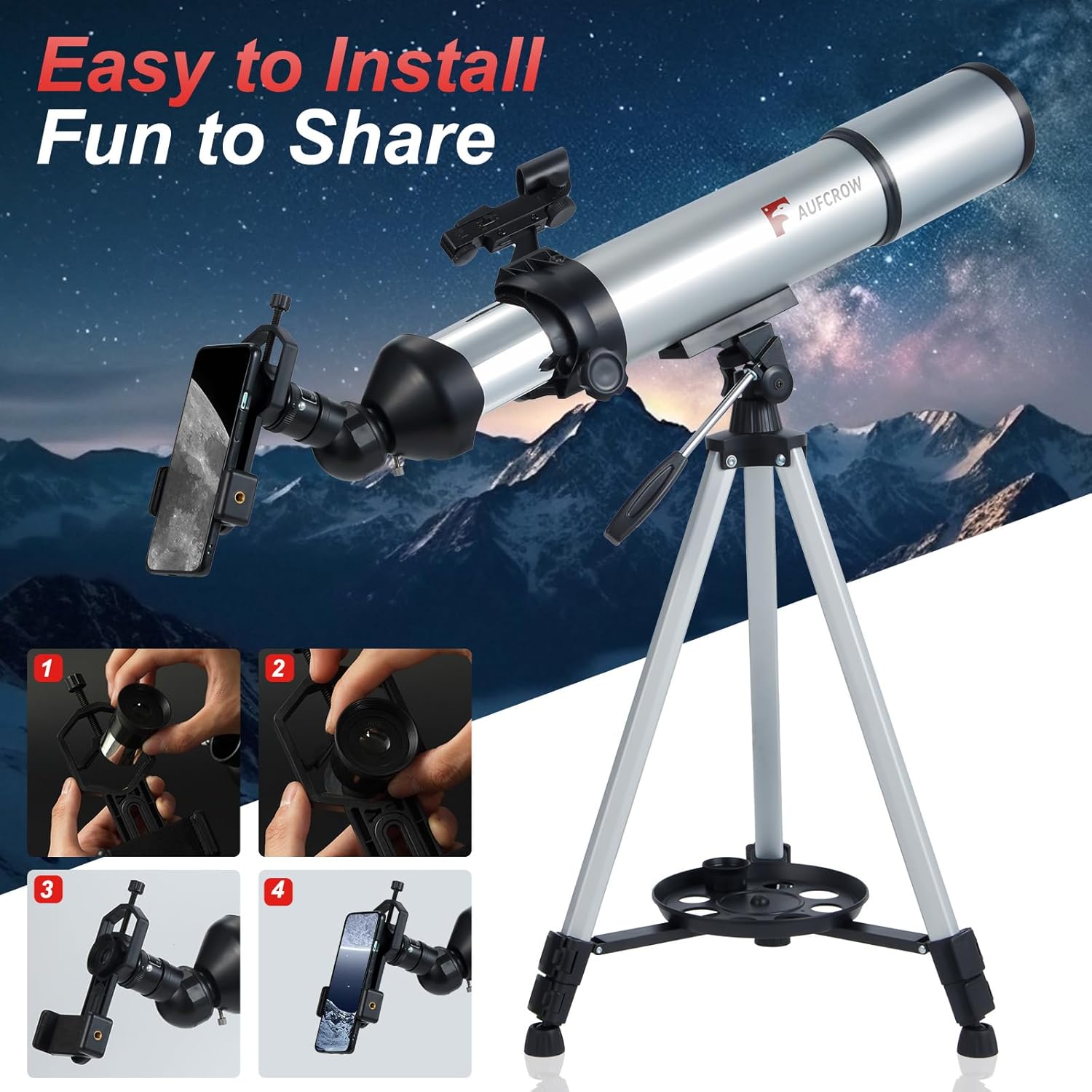 80mm Aperture Refractor Telescope for Adults with Phone Adapter and Tripod