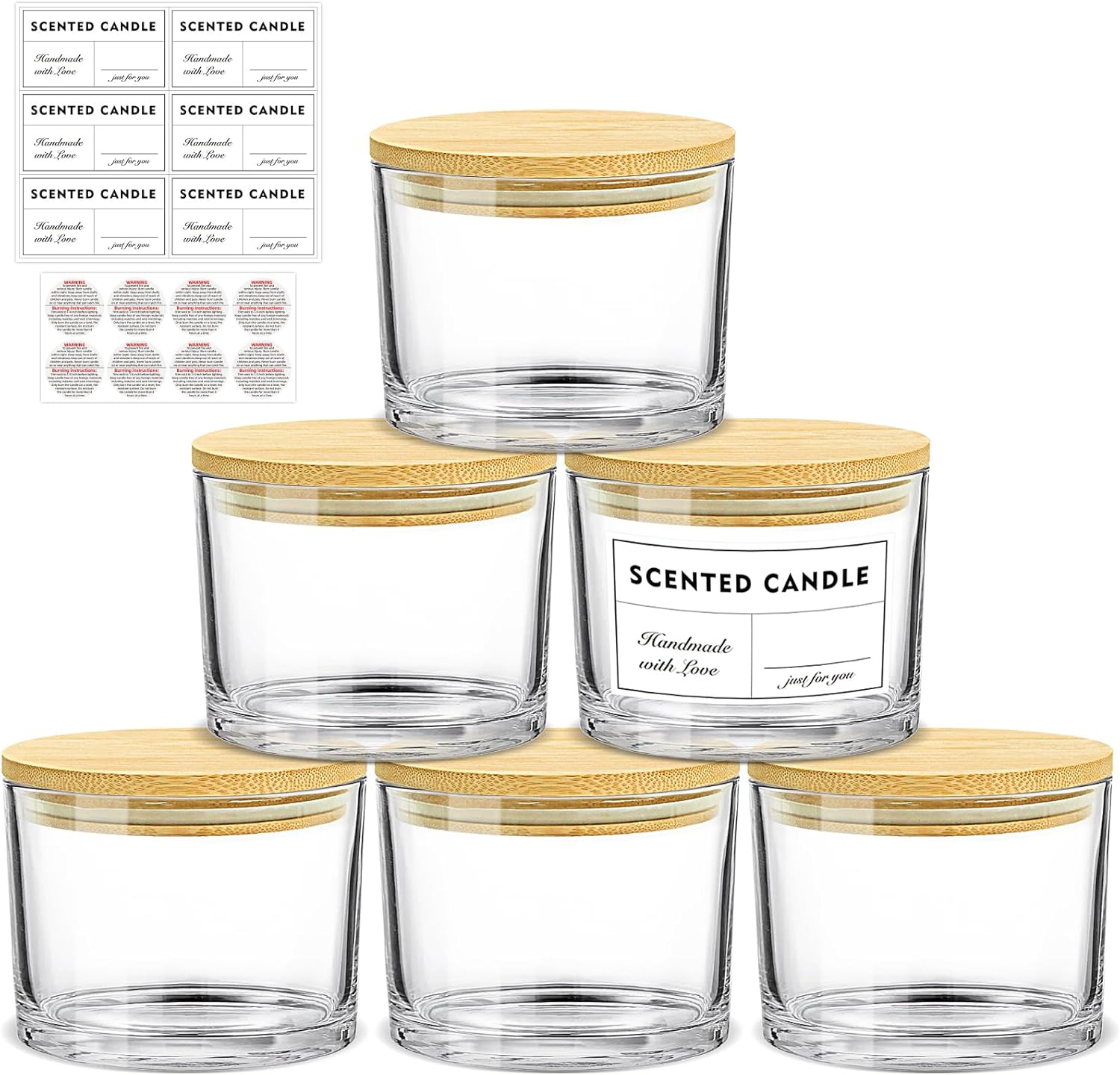 16oz Clear Glass Candle Jars 6 Pack with Bamboo Lids and Labels
