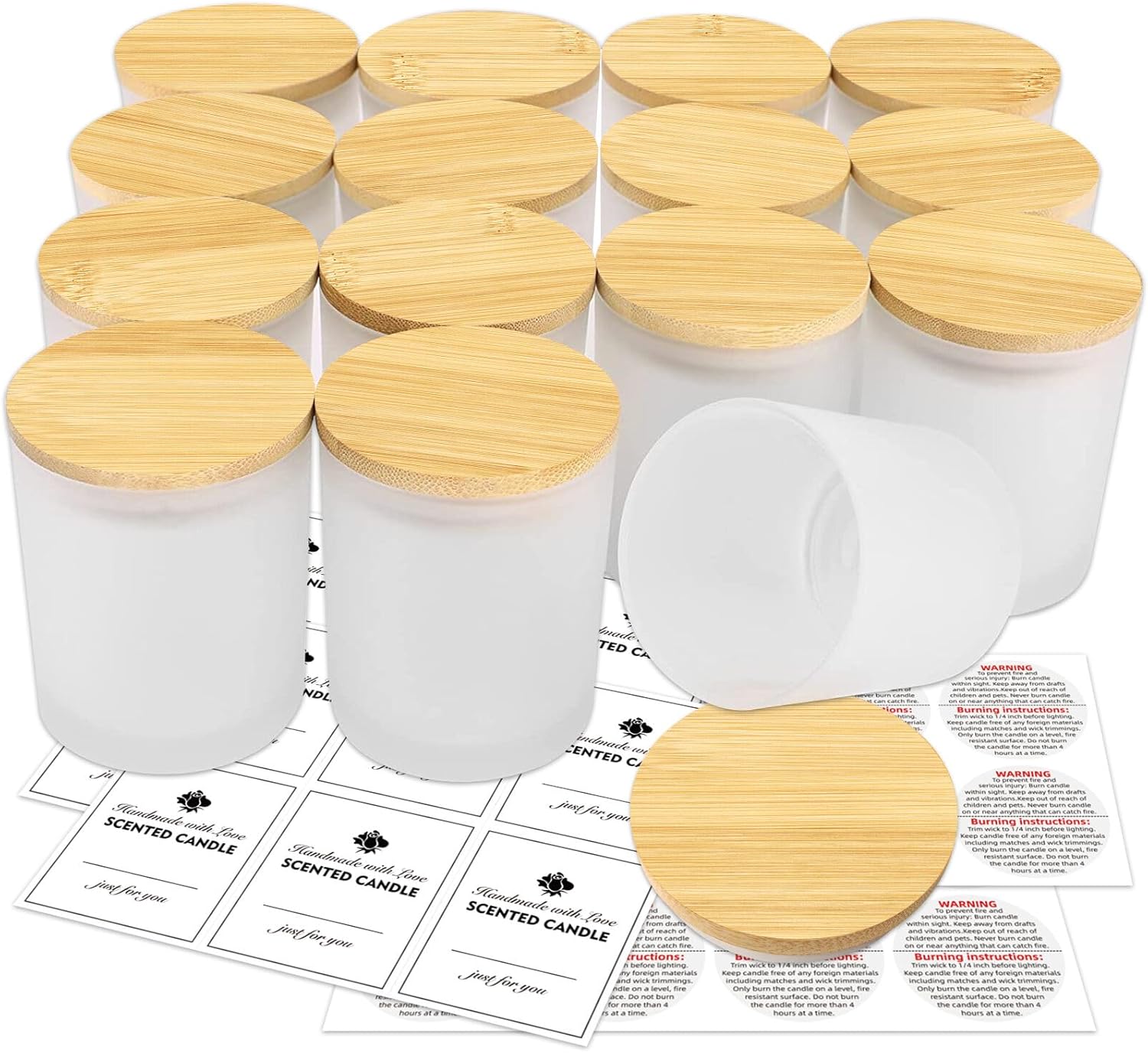 15 Pack Frosted Glass Candle Jars with Bamboo Lids and Labels
