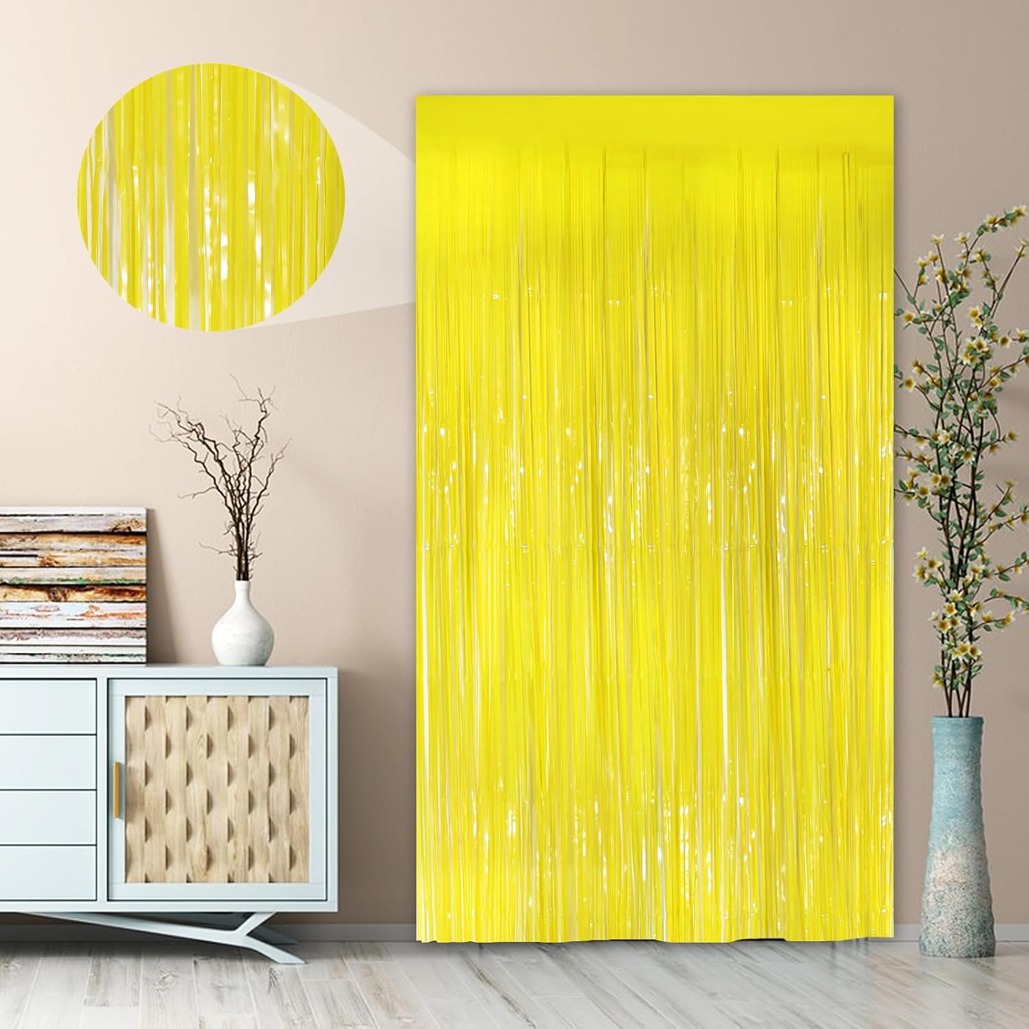 Macaron Yellow Metallic Tinsel Foil Curtains 2 Pack