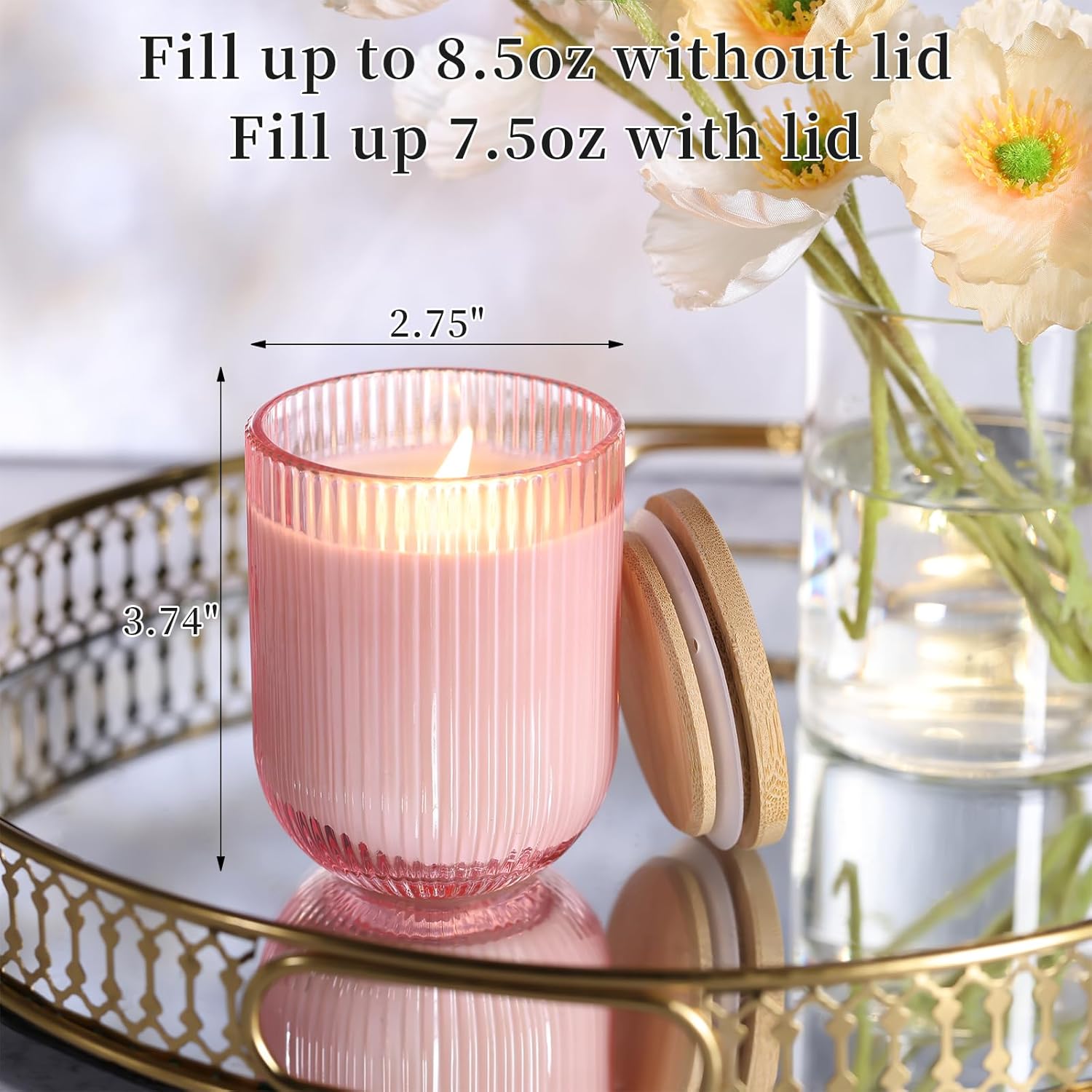 12PCS Pink Ribbed Candle Jars with Bamboo Lids and Wick Kit
