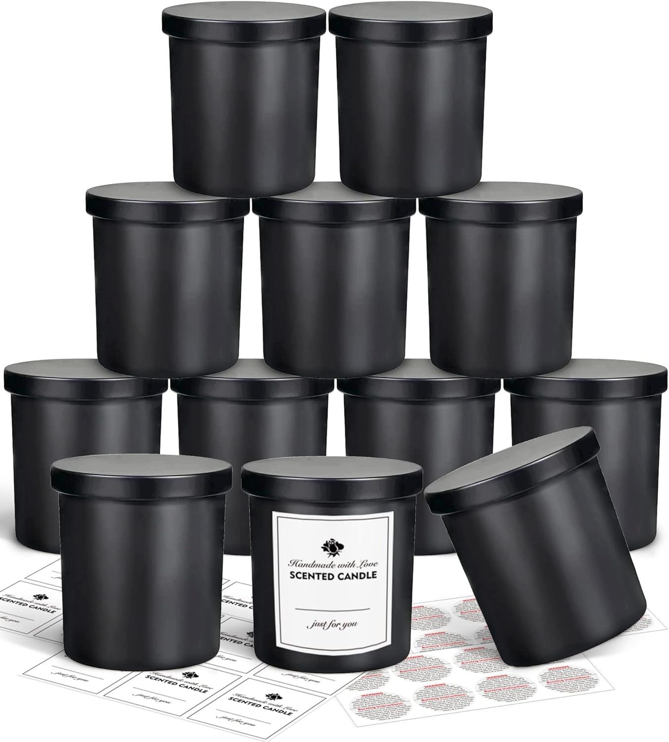 SUPMIND 12 Pack Matte Black Glass Candle Jars with Lids and Labels