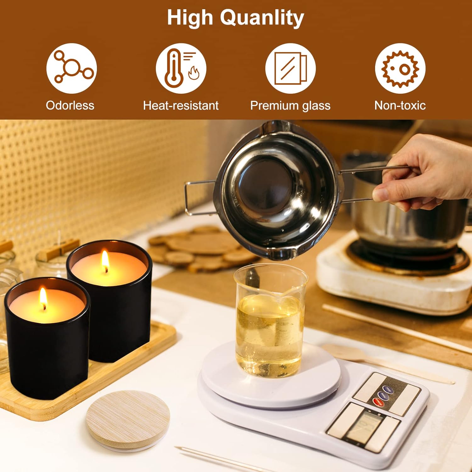 CONNOO 12 Pack Matte Black Candle Jars with Bamboo Lids and Warning Labels